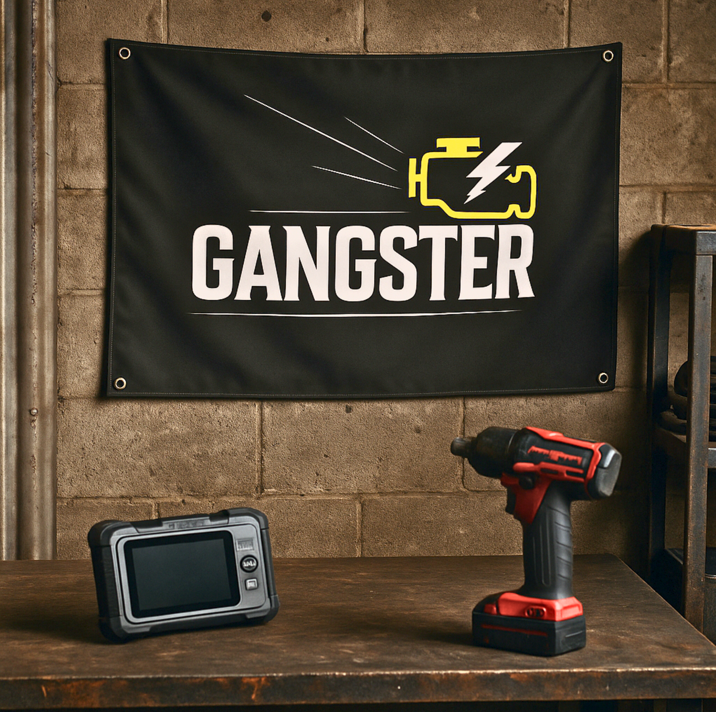 Gangster Check Engine Icon Double-Sided Flag — Car Mechanic Humor Banner